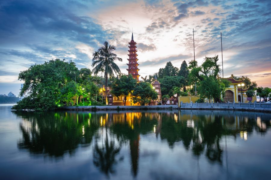 Panorama view of Tran Quoc pagoda, the oldest temple in Hanoi, Vietnam