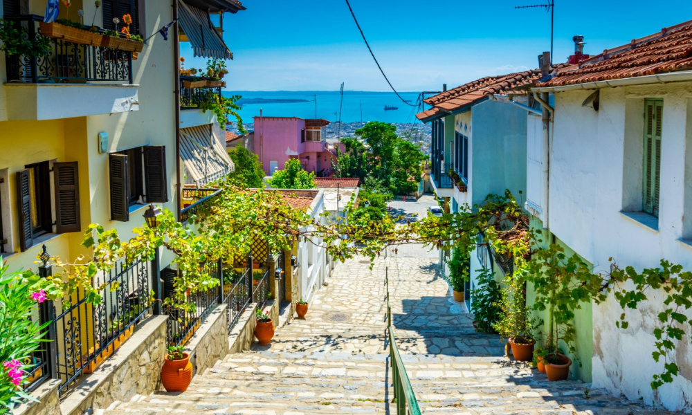 View of a narrow street in the old town of Thessaloniki, Greece