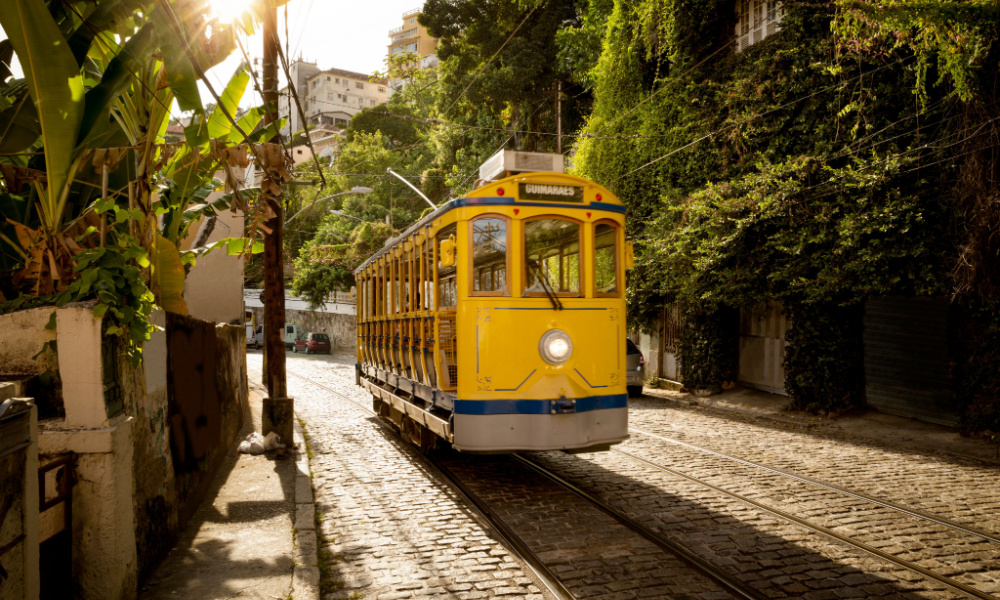 Old yellow tram in Santa Teresa district in Rio de Janeiro, Brazil