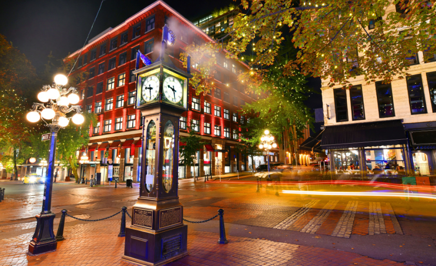 Night view of Historic Steam Clock in Gastown Vancouver,British Columbia, Canada