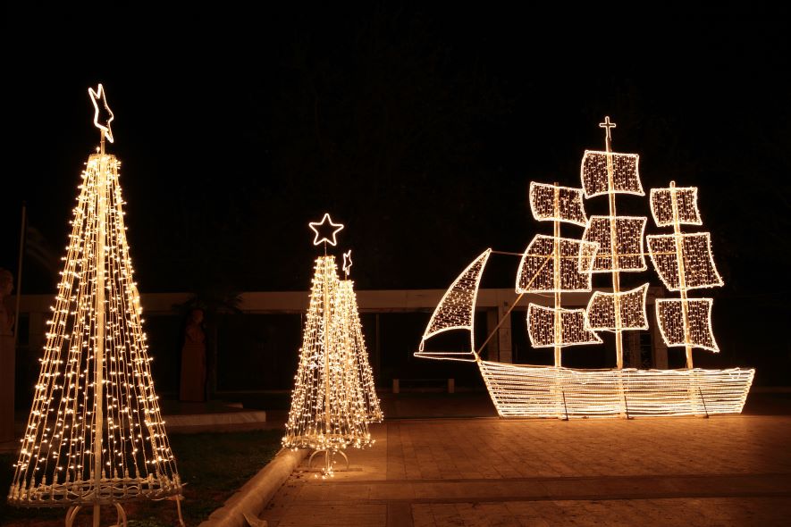 Christmas ship at night. In the Greek tradition ( especially in the islands ) it is common to ornament a ship instead of a tree for Christmas