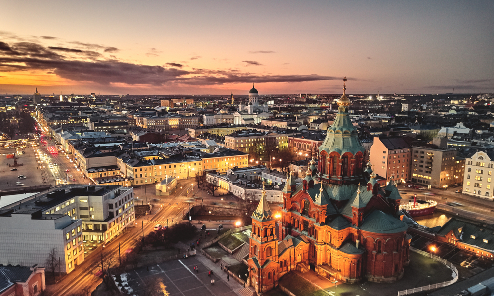 Aerial view of the Presidential Palace and Uspenski Cathedral in Helsinki, Finland