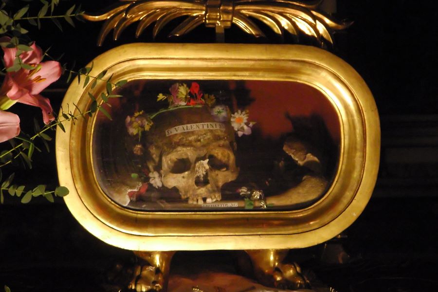 Skull of St. Valentine The Skull of St. Valentine in the Church of Santa Maria in Cosmedin, Rome.