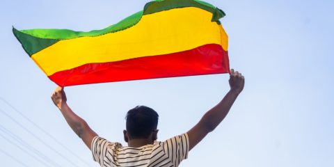 Man waving Black History Month flag