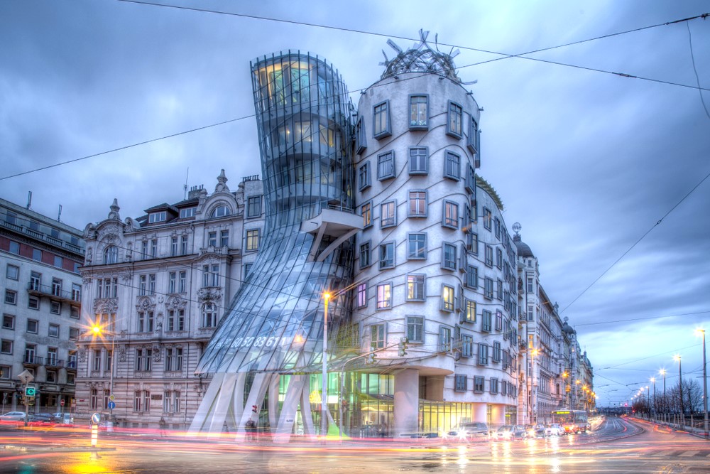 Prague, Czech Republic - March 18, 2017: Evening view of the Dancing House