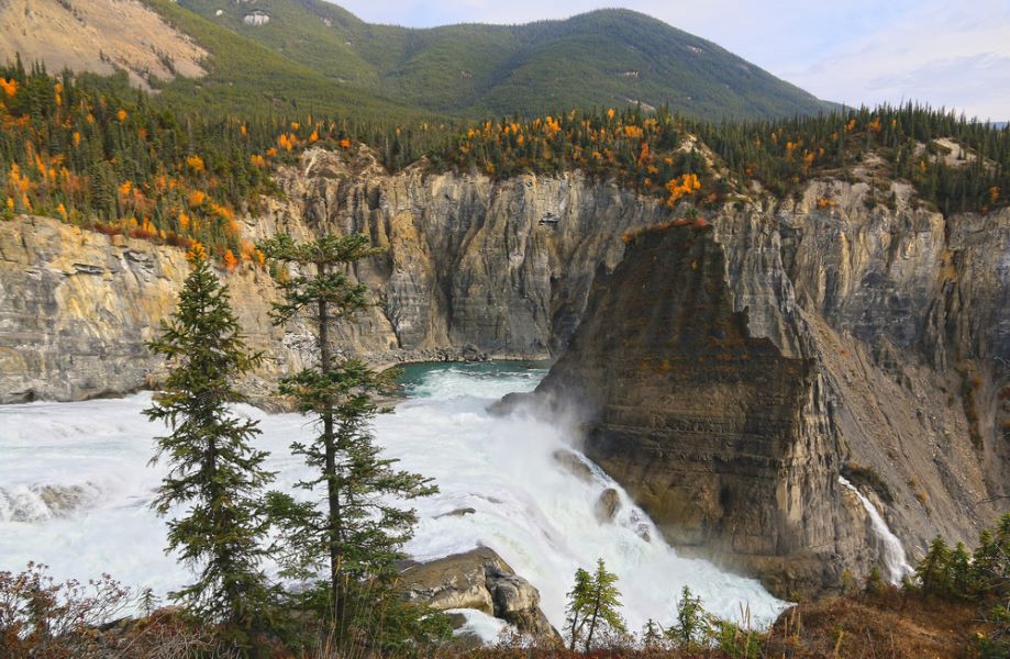 Nahanni National Park Reserve in the Northwest Territories of Canada - approaching the Virginia Falls at the Nahanni River,