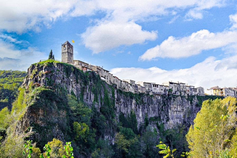 Views of the town of Castellfollit de la Roca, settled on a basaltic cliff in the region of La Garrotxa, Girona, Catalonia