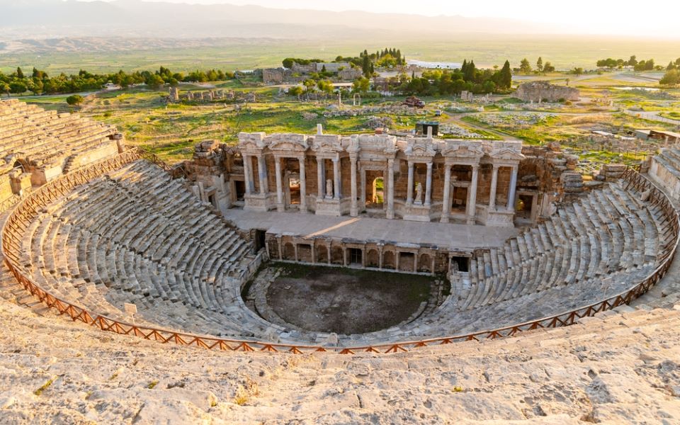 Hierapolis ancient city Pamukkale Turkey, sunset by the ruins Unesco site, Hierapolis ancient city Pamukkale Turkey