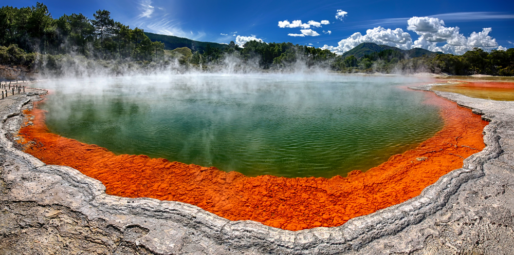 Panoramic view of thermal lake Champagne Pool at Wai-O-Tapu near Rotorua, New Zealand